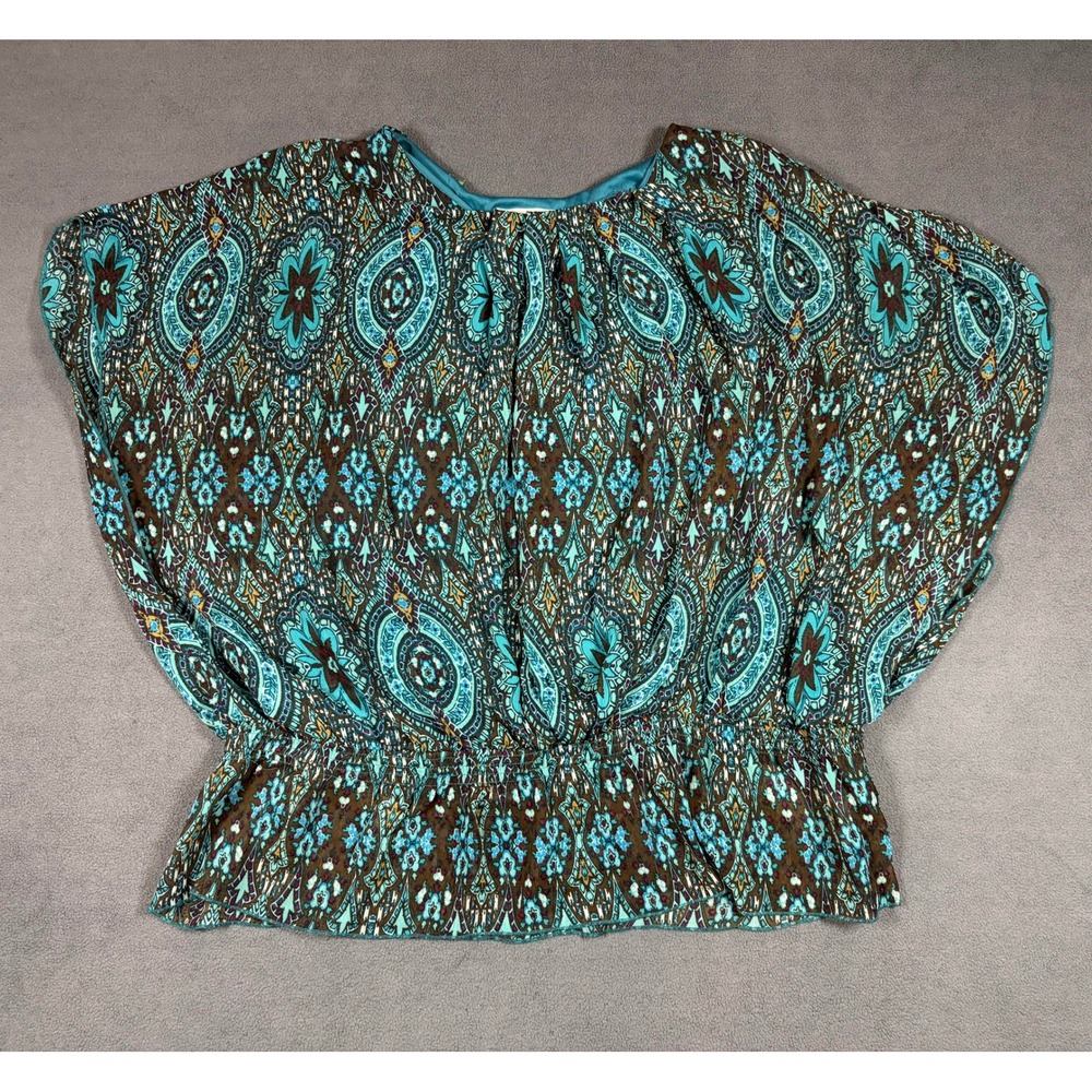 Dressbarn Blouse Womens Medium Teal Brown Paisley Dolman Smocked Waist